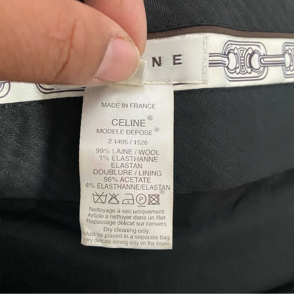 CELINE Gray Wool Trousers‎ Velvet Trim Tailored Pants 44 (US 12) Made in France